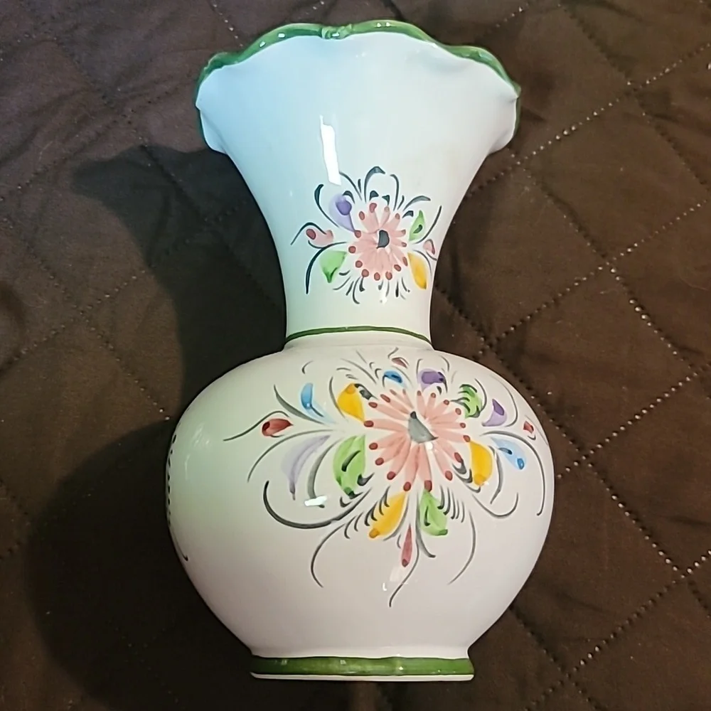 Portuguese Hand Painted Decorative Floral Vase green trim multicolor flowers